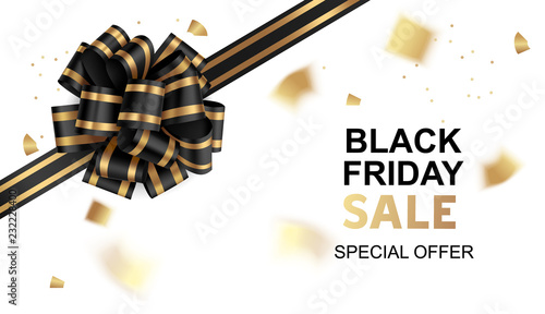 Black friday sale card template design. Vector illustration. Holiday background with black bow and gold confetti