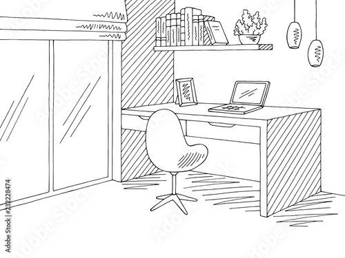 Home office graphic black white interior sketch illustration vector