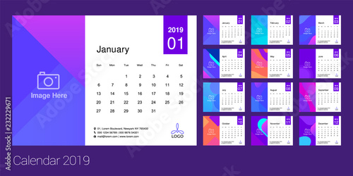 2019 Calendar Minimal Gradient template. Simple Colorful minimal elegant desk calendar design