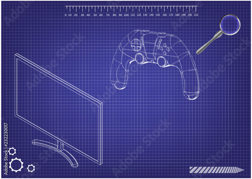 3d model of joystick and monitor on a blue