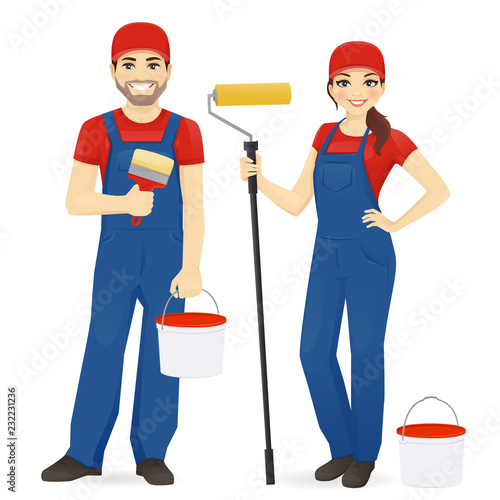 Set of male and female painters wearing blue overall with roller, brush and paint isolated vector illustration