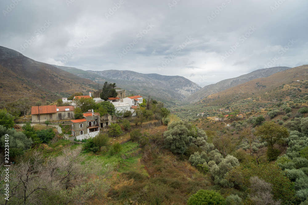 Hania, Crete - 09 27 2018: peninsula of Elafonissi. A small old village on a hill, in the west coast road