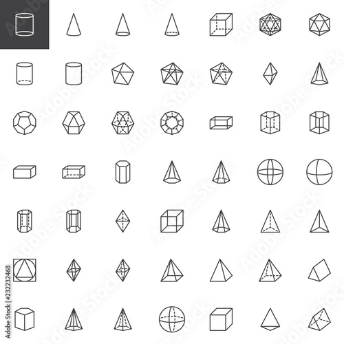 Geometric shapes outline icons set. linear style symbols collection, line signs pack. vector graphics. Set includes icons as Cylinder, Cone, Dodecahedron figure, Hexahedron form, Cube, Tetrahedron