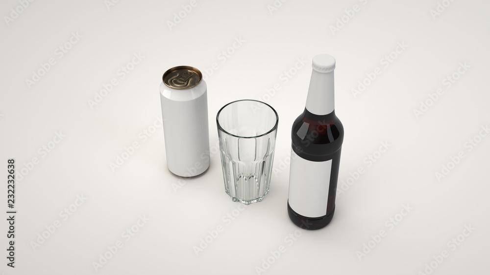 Mock up of beer bottle, can and an empty glass Mock up of beer bottle, can and an empty glass