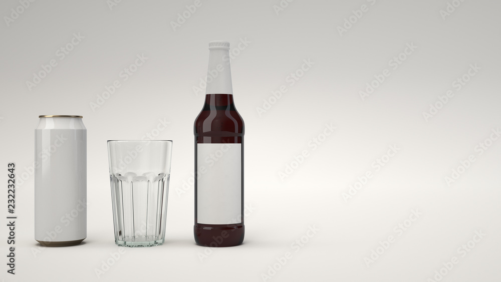 Mock up of beer bottle, can and an empty glass Mock up of beer bottle, can and an empty glass
