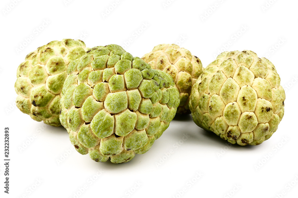 Sugar apple, custard apple, Annona, sweetsop (Cherimoya) isolate on white background. Fruit Properties Lower Cholesterol Levels concept