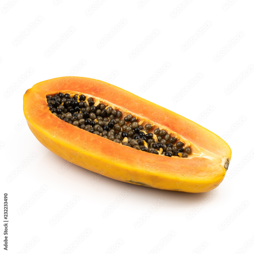 Ripe fresh sweet papaya and half cut with seed (Carica papaya L.) isolated on white background.Healthy fruits to the digestive system. Ripe fresh sweet papaya and half cut with seed (Carica papaya L.) isolated on white background.Healthy fruits to the digestive system.