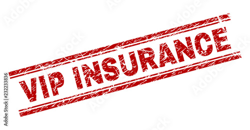 VIP INSURANCE seal imprint with corroded effect. Red vector rubber print of VIP INSURANCE label with retro texture. Text label is placed between double parallel lines.