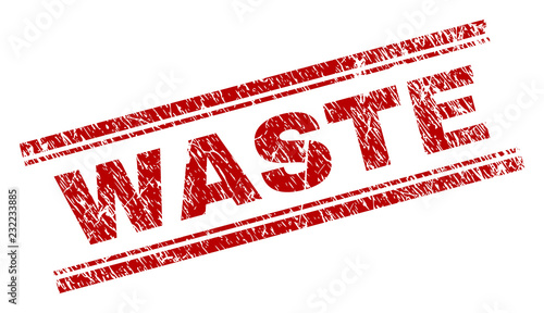 WASTE seal print with grunge texture. Red vector rubber print of WASTE text with scratched texture. Text title is placed between double parallel lines.