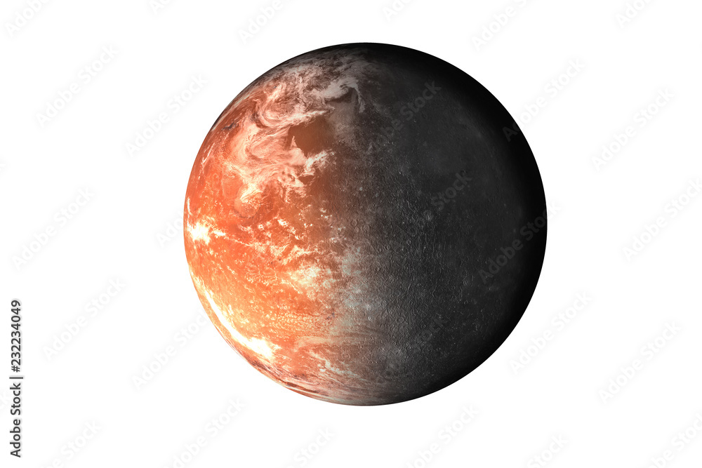Naklejka premium Half planet Mercury with half Mars planet of solar system isolated on white background. Death of the planet. Elements of this image were furnished by NASA. For any purprose use.