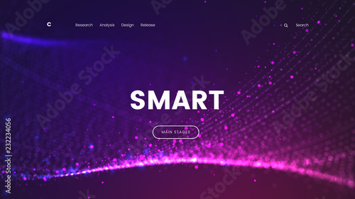 Abstract landing page template with a glowing purple particles background - Smart, can be used for can be used for business, internet technology and futuristic web interface. Vector illustration