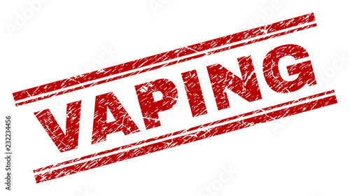 VAPING seal watermark with grunge texture. Red vector rubber print of VAPING caption with dirty texture. Text caption is placed between double parallel lines.