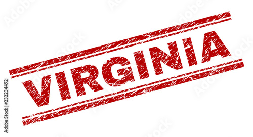 VIRGINIA seal print with corroded style. Red vector rubber print of VIRGINIA text with unclean texture. Text label is placed between double parallel lines.