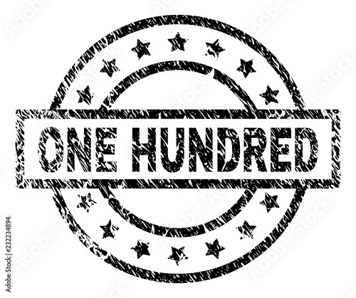 ONE HUNDRED stamp seal watermark with distress style. Designed with rectangle, circles and stars. Black vector rubber print of ONE HUNDRED title with grunge texture.