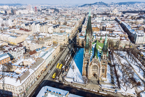 bird's eye view on old european church in winter day © phpetrunina14