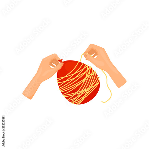 Human hands making balloon thread ball. Arts and craft. Creative hobby. Flat vector element for tutorial book