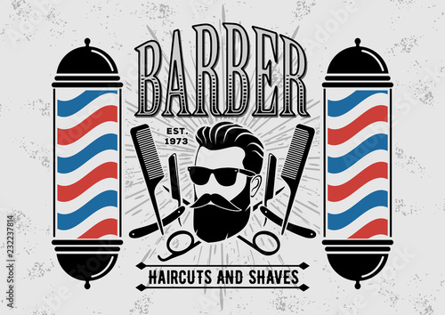 Barber shop vintage label, badge, or emblem on gray background. Vector illustration