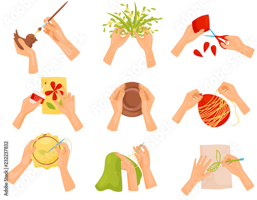 Flat vector set of different hobbies. Painting, cutting out, sewing. Human hands doing various crafts