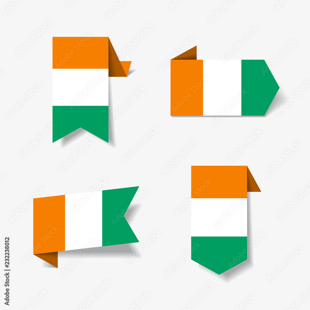 Ivorian flag stickers and labels. Vector illustration.