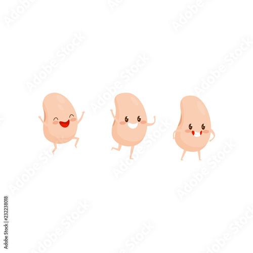 Three humanized soy beans. Characters with happy faces. Funny soybeans. Organic and healthy product. Flat vector design