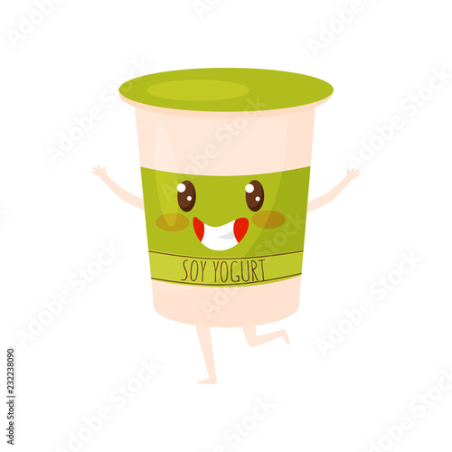 Adorable soy yogurt character. Plastic cup with kawaii face. Fresh product. Vegetarian nutrition. Flat vector design
