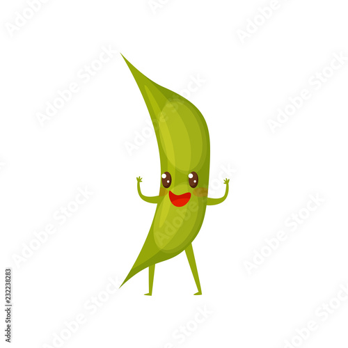 Humanized green soybean pod with happy face, standing with hands up. Funny cartoon character. Flat vector icon