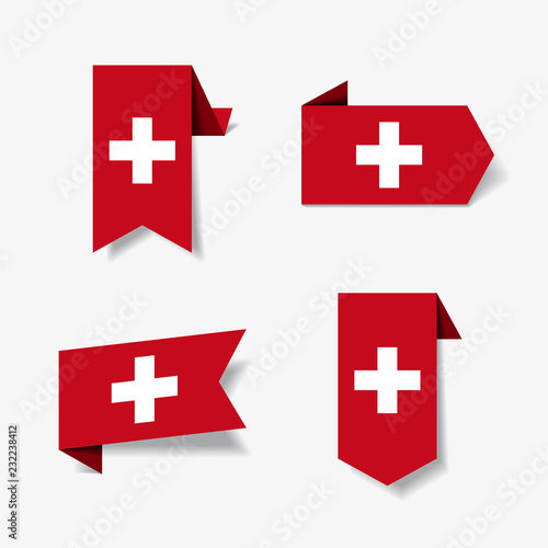Swiss flag stickers and labels. Vector illustration.