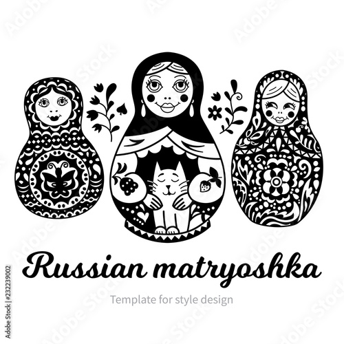 Set of Russian traditional nested dolls (matryoshka). Black and White Illustration. Template for style design.  