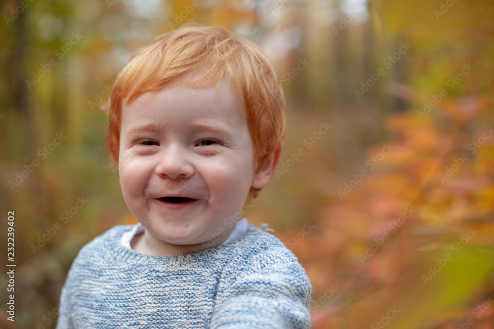 Red-haired boy is smiling cute in the autumn forest Stock Photo | Adobe  Stock