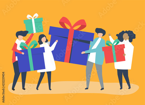 Friends exchanging gift boxes  with one another