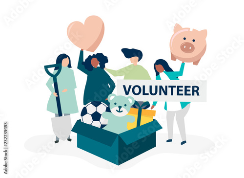 People volunteering and donating money and items  to a charitable cause