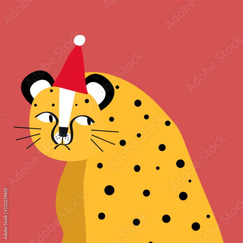 Fototapeta Naklejka Na Ścianę i Meble -  Cute cheetah wearing a Christmas hat vector