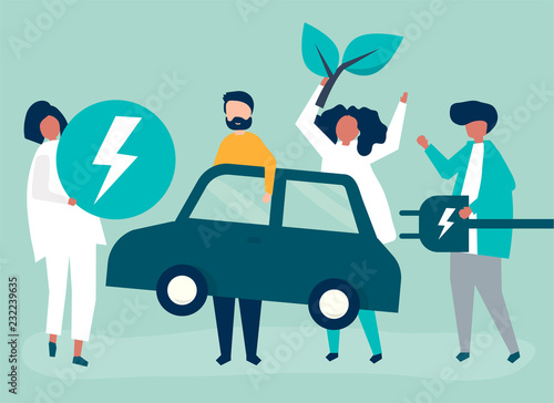 Group of people with an electric car