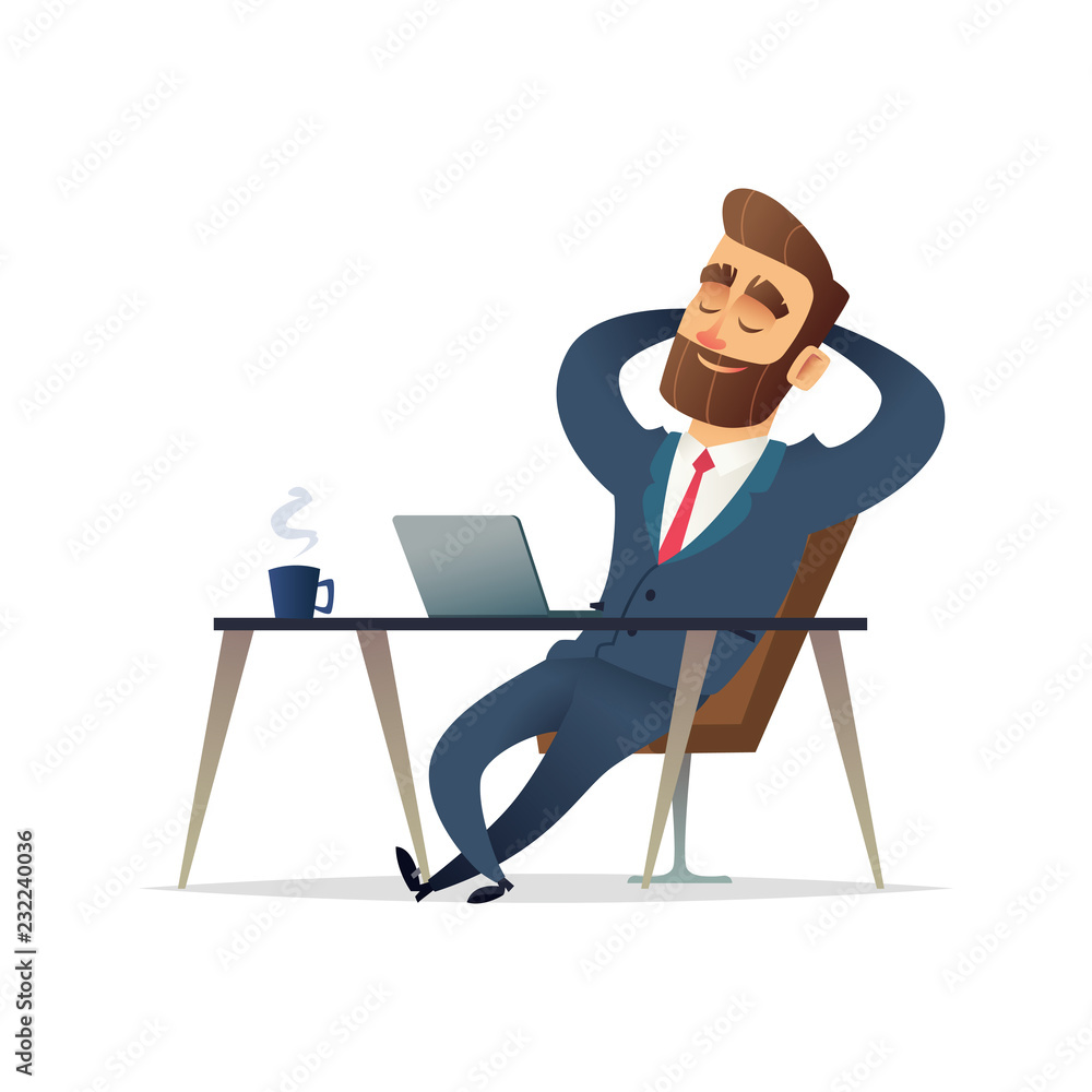 Businessman on his desk relaxing. Manager sit relax and think on his  workplace. Cartoon vector illustration. Stock Vector | Adobe Stock