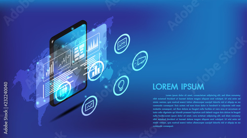 Isometric smart phone or tablet 3d interface.Screen smart and simple with business chart and business icon analysis.World map on mobile application.Copy-space for edit.