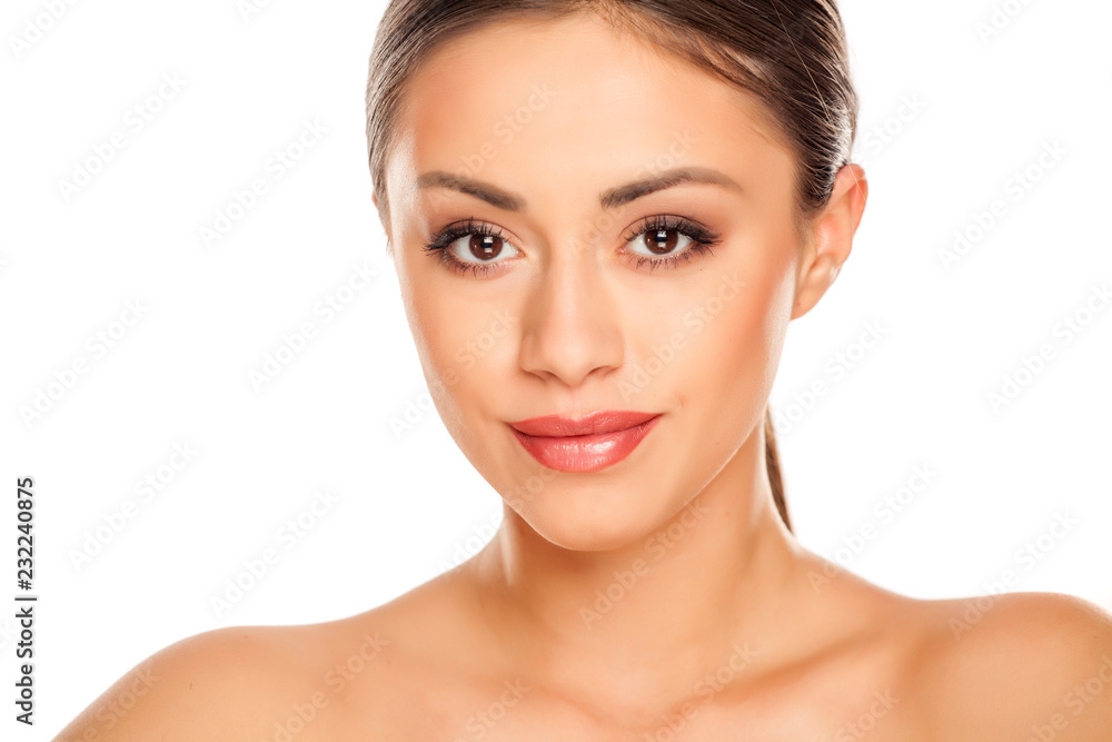 Portrait of young beautiful woman with makeup on white background Portrait of young beautiful woman with makeup on white background
