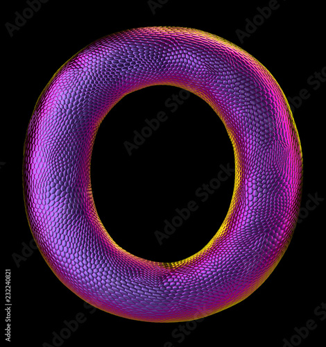 Letter O made of natural purple snake skin texture isolated on black. photo