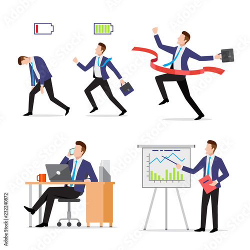 Set businessman with briefcase in different situations, vigorous and tired, crossing finish red line, busy with phone and laptop at work, presenting project results, vector illustration