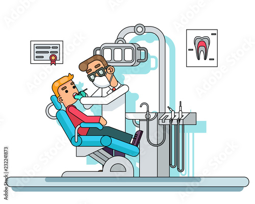 Dental treatment doctor dentist chair hospital patient cabinet medical services lineart flat design vector illustration