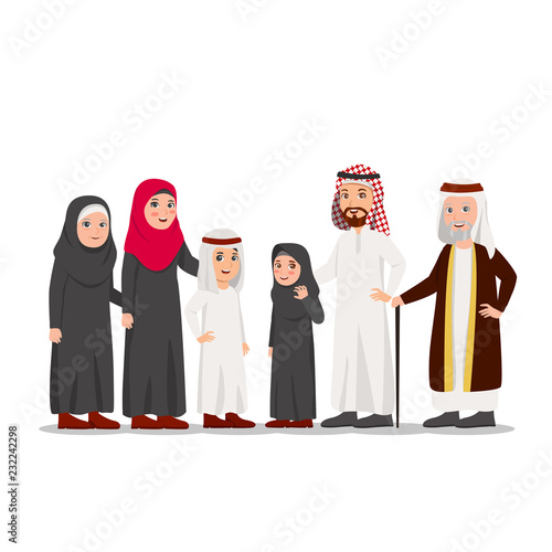 Group of Arabian Family Child, Parents and Grandparents Vector Cartoon Illustration