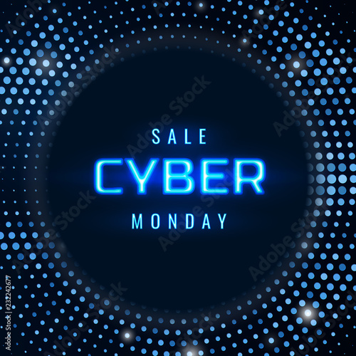 Cyber Monday Sale technology background in neon style, luminous signboard, nightly advertising advertisement of sales rebates of cyber Monday. Vector futuristic label design template