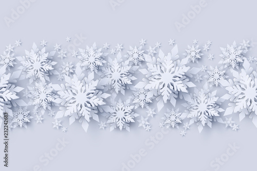 Vector Merry Christmas and Happy New Year seamless pattern decoraton design with 3d white realistic layered paper cut snowflakes. Seasonal holidays background