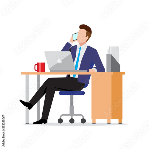 Busy businessman using phone and laptop in office at workplace, consulting client by smartphone, making call, vector illustration in flat style