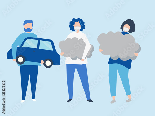 Character of people holding air pollution symbols illustration