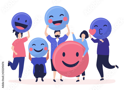Characters of people holding positive emoticons illustration