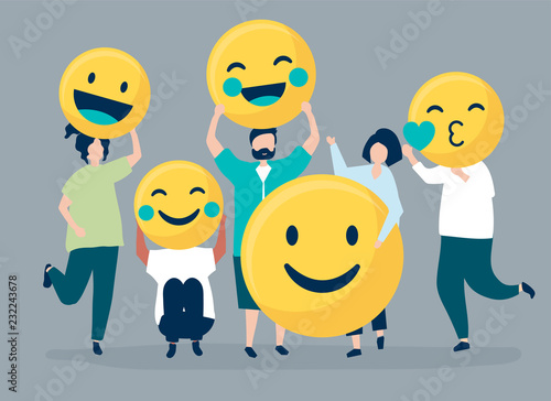 Characters of people holding positive emoticons illustration