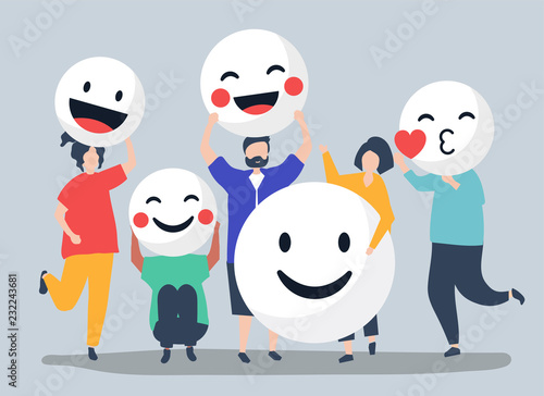 Characters of people holding positive emoticons illustration