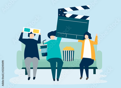 Characters of people holding movie icons illustration