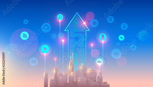 5g lte network logo over the smart city with icons of town infrastructure. devices connection via high speed, broadband telecommunication wireless internet. Skyscrapers in sunrise. photo