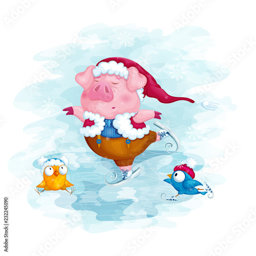 A piglet in a Christmas hat and two birds skate. Winter postcard. Vector illustration of a cardboard on a blue watercolor background.